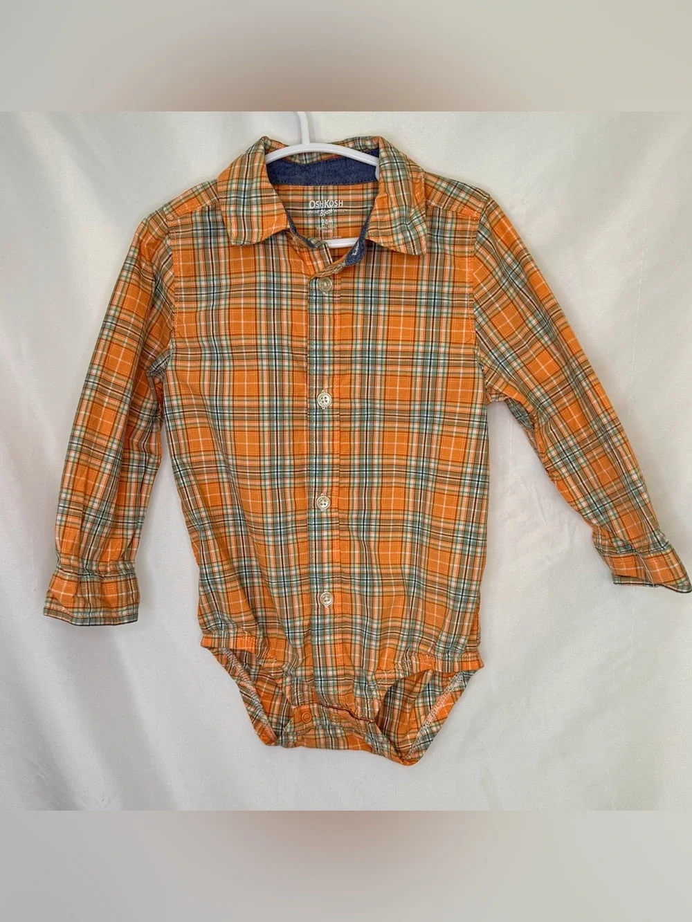 OshKosh B'gosh Green Overalls with Orange Plaid Shirt New Never Worn